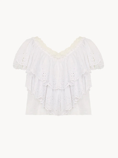 Cropped V-neck ruffle top in cotton voile & lace
