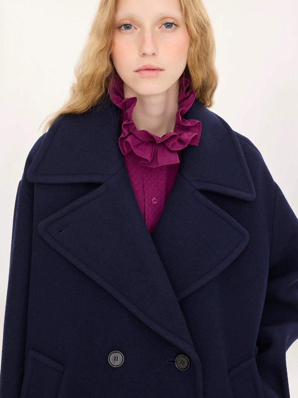 Double-breasted oversized long coat in wool
