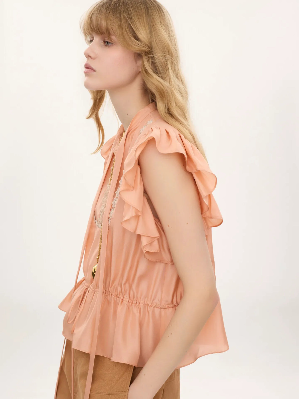 Short-sleeve ruffle top in washed silk habotai & lace