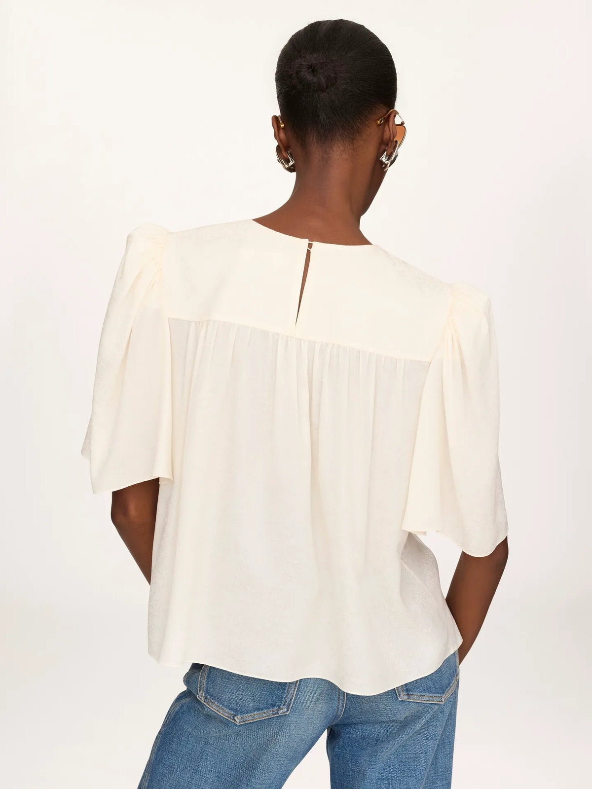 Crew-neck gathered top in silk jacquard