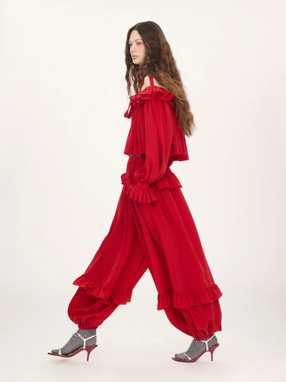 Fluid ruffled pants in silk jacquard