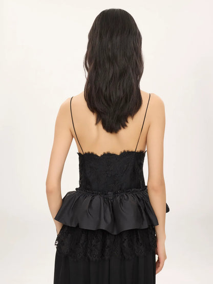 Thin-strap ruffle top in technical taffeta & lace