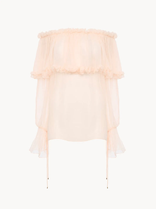 Off-the-shoulder puff-sleeve top in silk mousseline