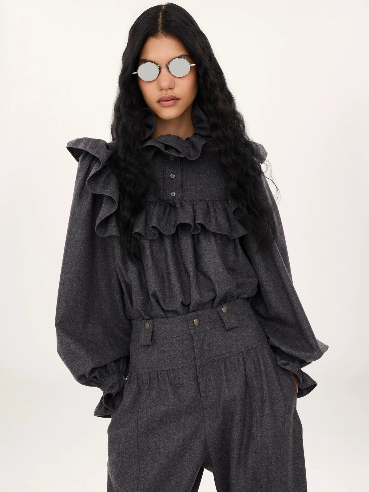 High-neck ruffle top in wool & cashmere flannel