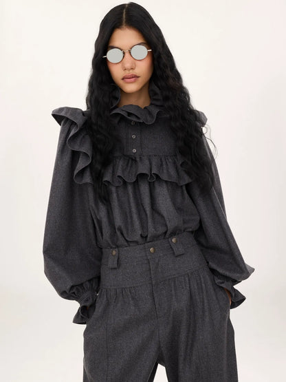 High-neck ruffle top in wool & cashmere flannel