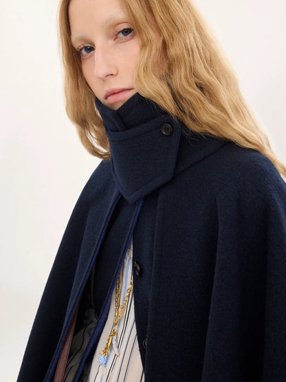 High-neck short cape coat in washed double-face wool