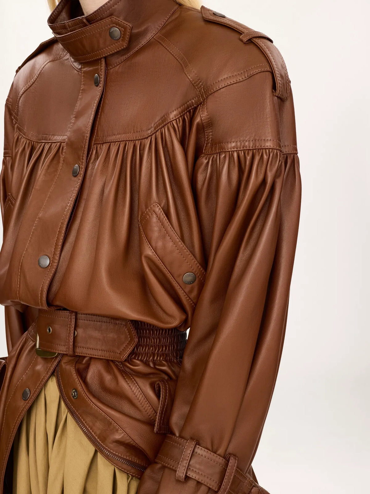 High-neck puff-sleeve coat in leather
