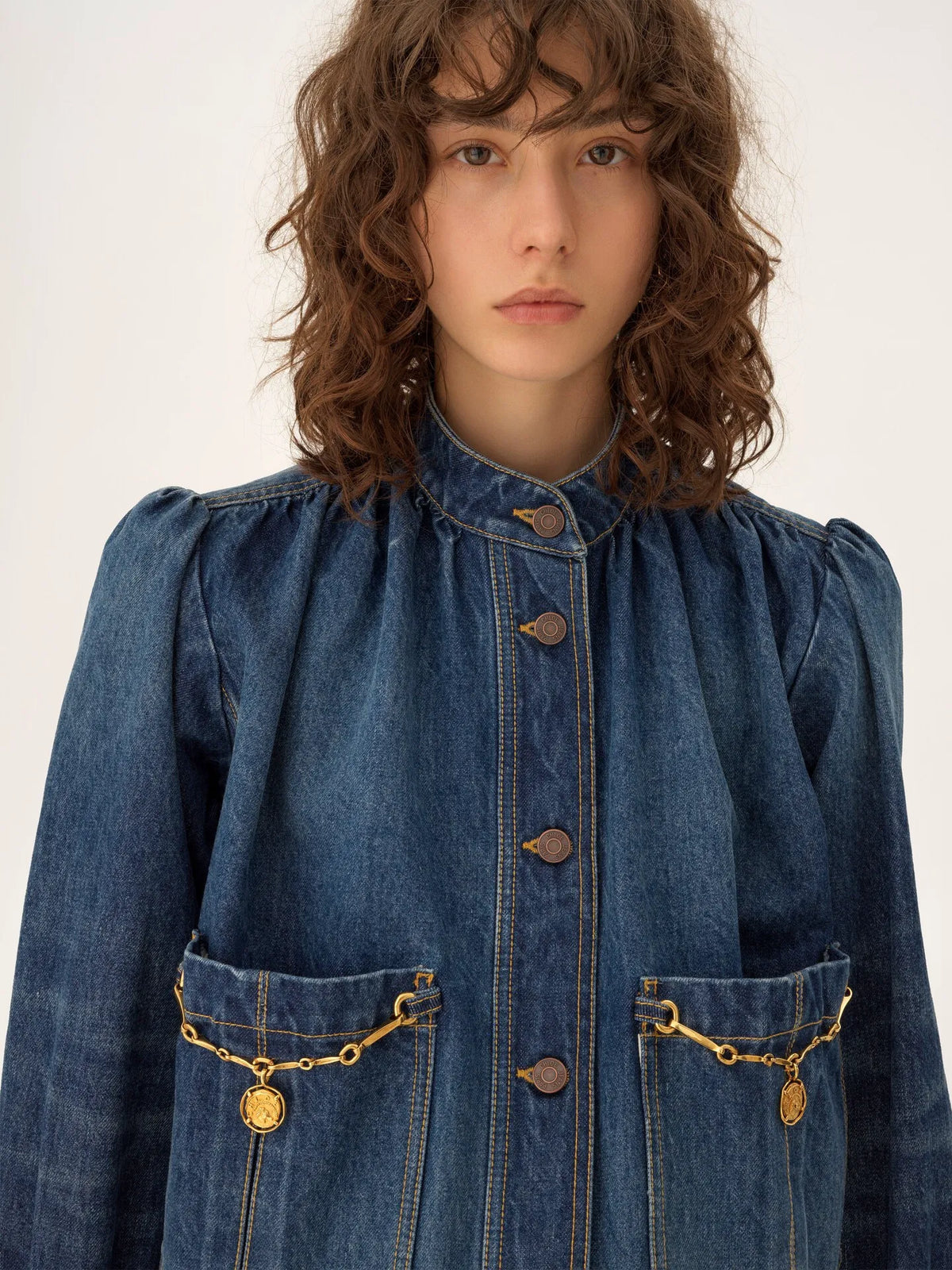 High-neck gathered jacket in denim