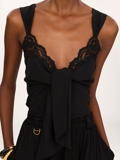 Fluid lingerie top in crêpe de chine & lace