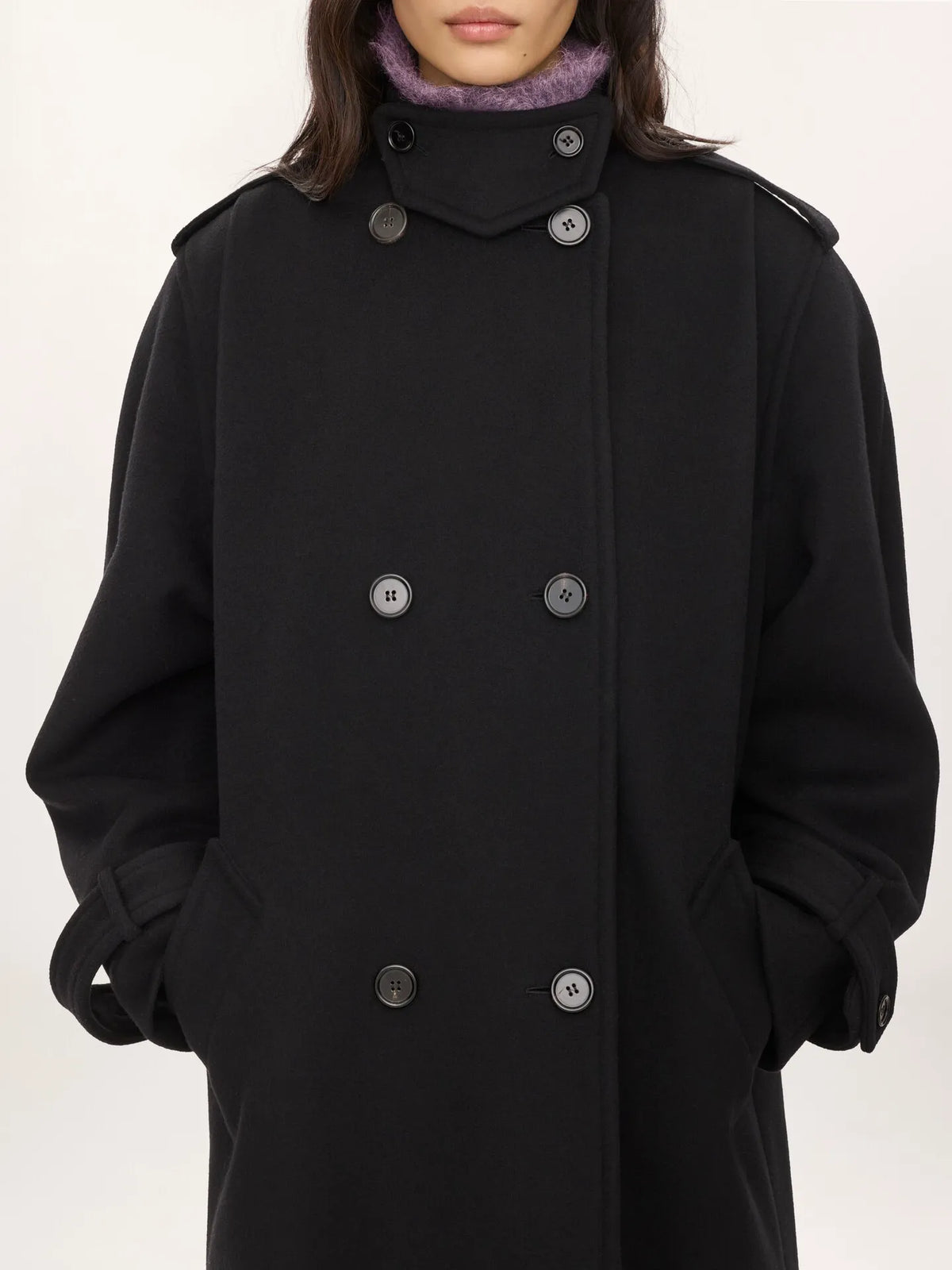 High-neck long coat in double-face wool