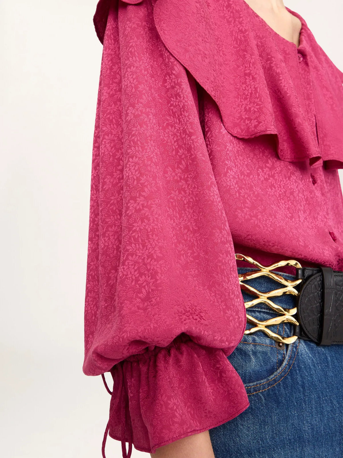 Round-neck ruffle blouse in silk jacquard