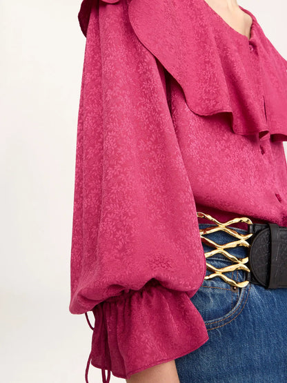 Round-neck ruffle blouse in silk jacquard