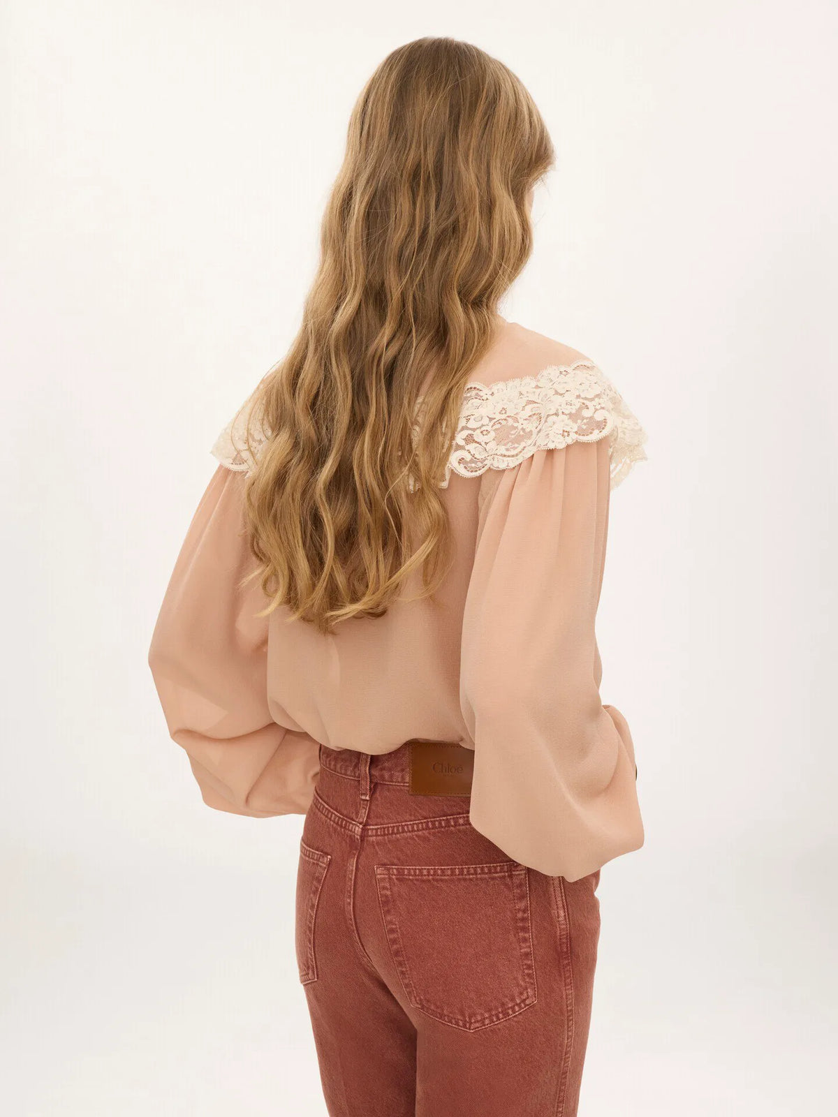 Tie-front gathered blouse in silk georgette & lace