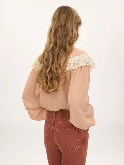 Tie-front gathered blouse in silk georgette & lace