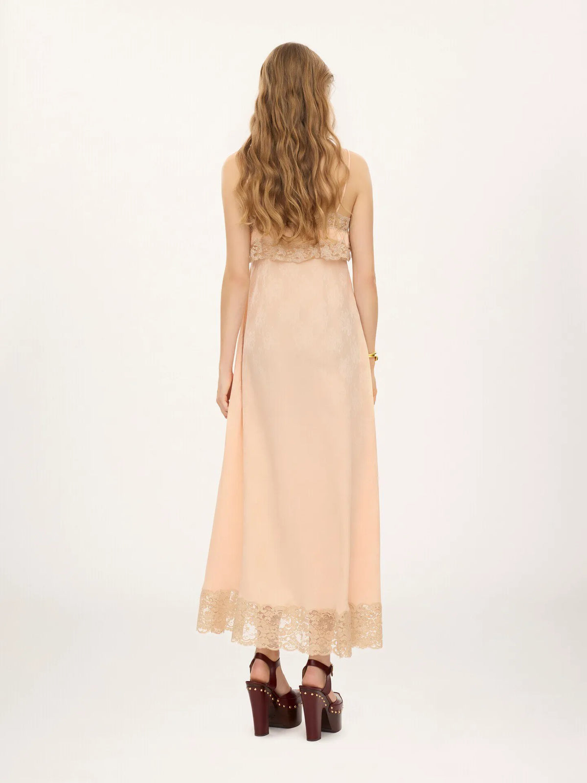 Thin-strap long dress in silk jacquard & lace