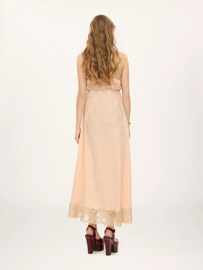 Thin-strap long dress in silk jacquard & lace