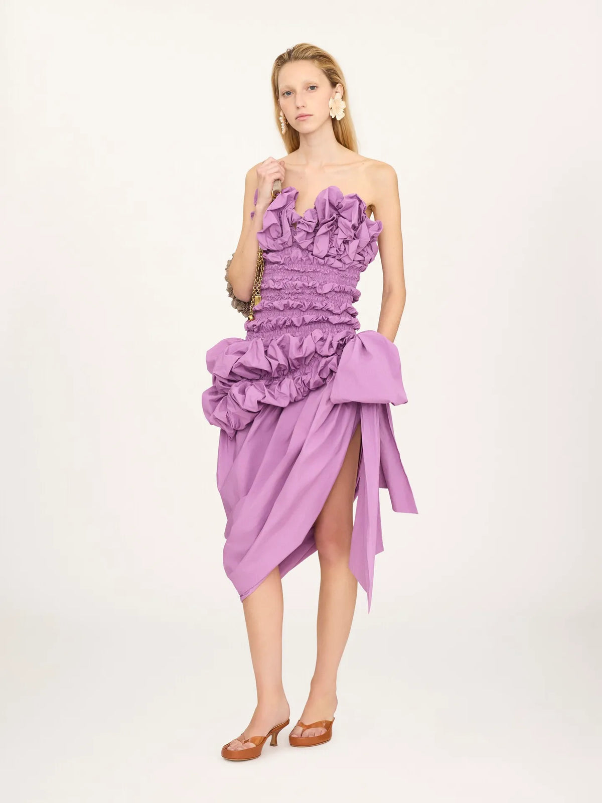 Ruched bustier midi dress in cotton poplin
