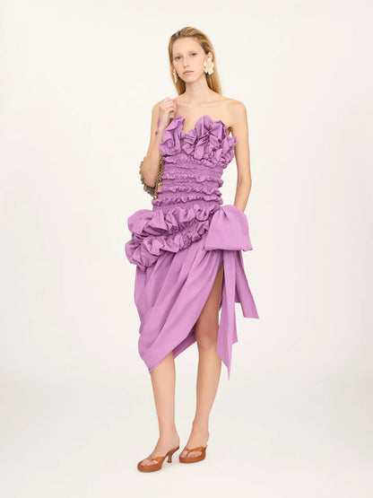 Ruched bustier midi dress in cotton poplin