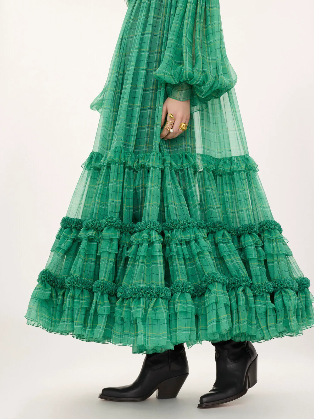 Off-the-shoulder long dress in check silk mousseline