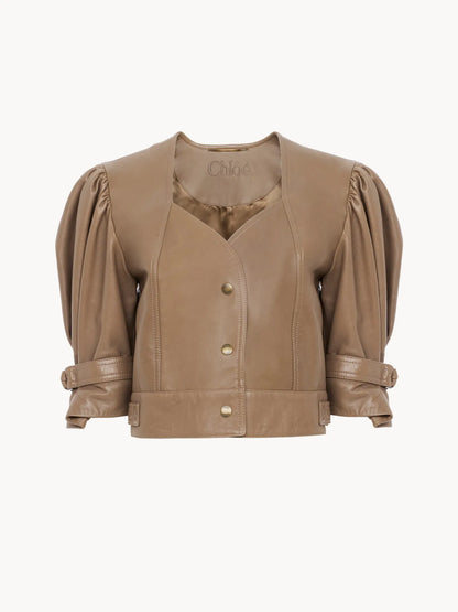 Cropped puff-sleeve jacket in leather
