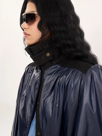 Long utilitarian coat in shiny nylon