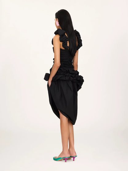 Ruched bustier midi dress in cotton poplin