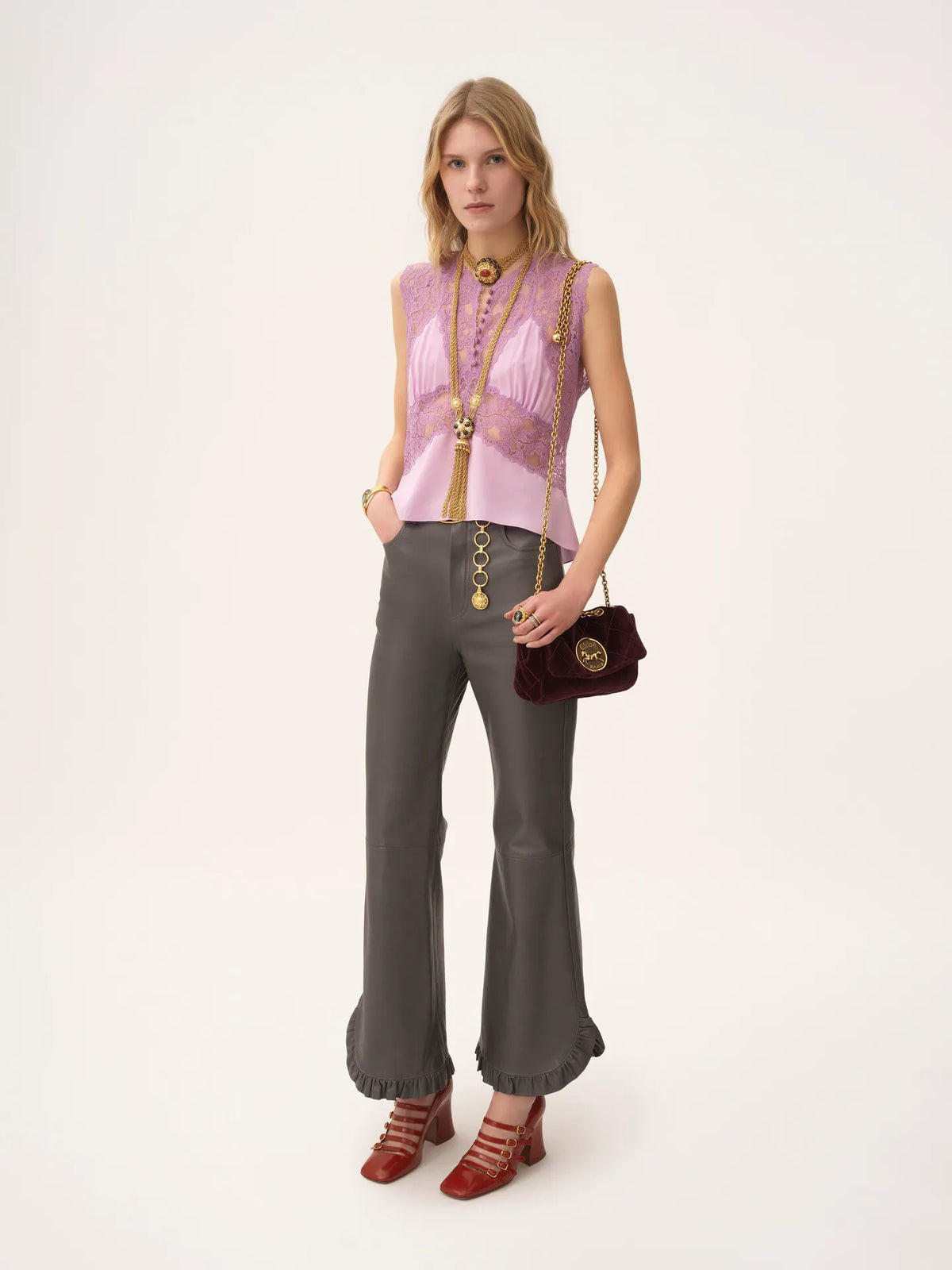 V-neck top in crêpe de chine & lace