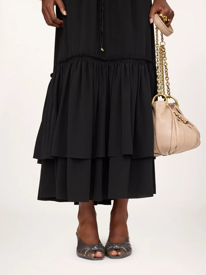 Ruffled long skirt in crêpe de chine