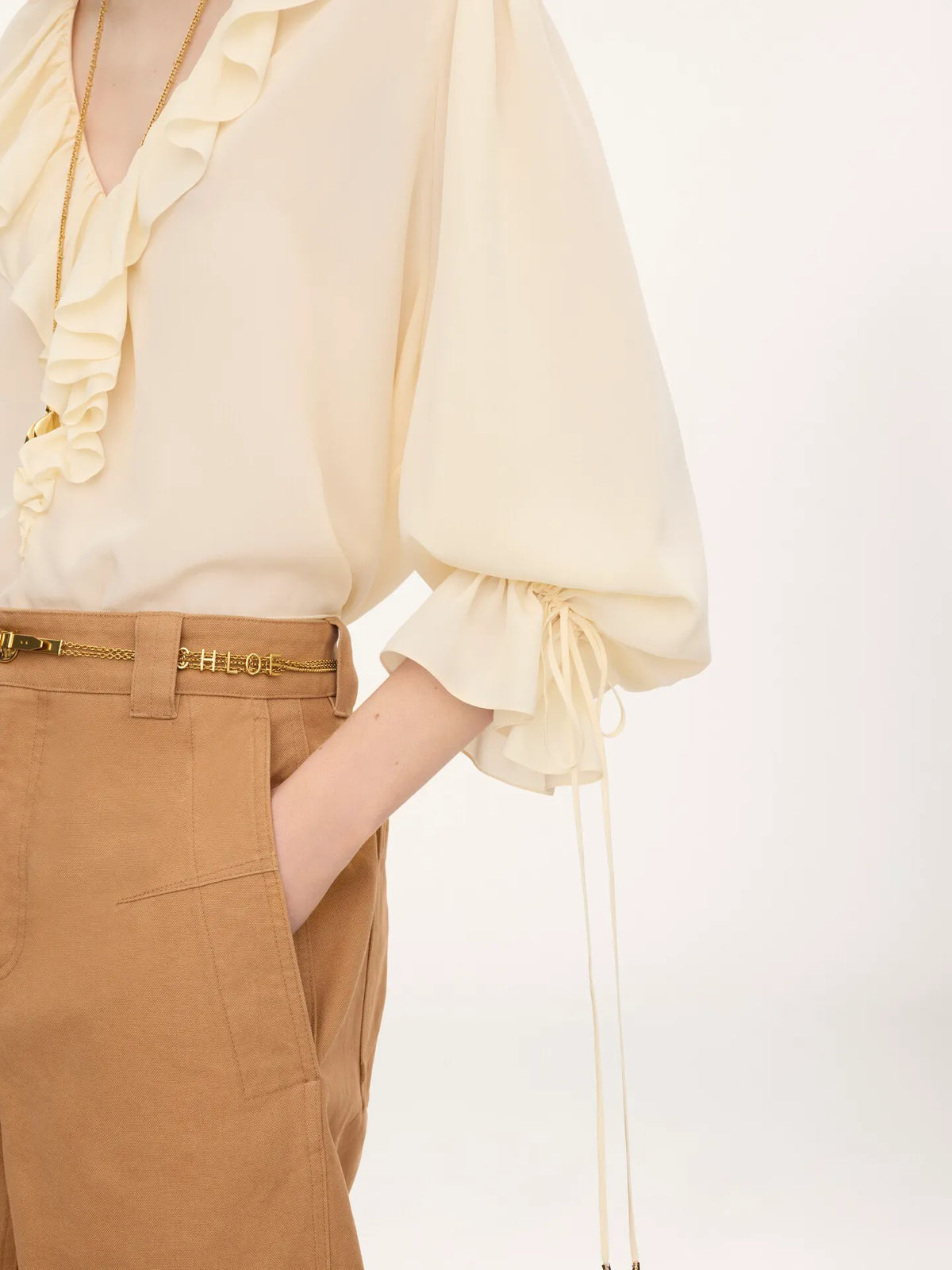 V-neck ruffle top in crêpe de chine