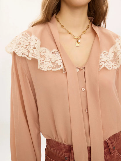 Tie-front gathered blouse in silk georgette & lace