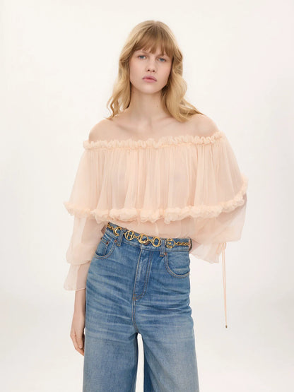 Off-the-shoulder puff-sleeve top in silk mousseline