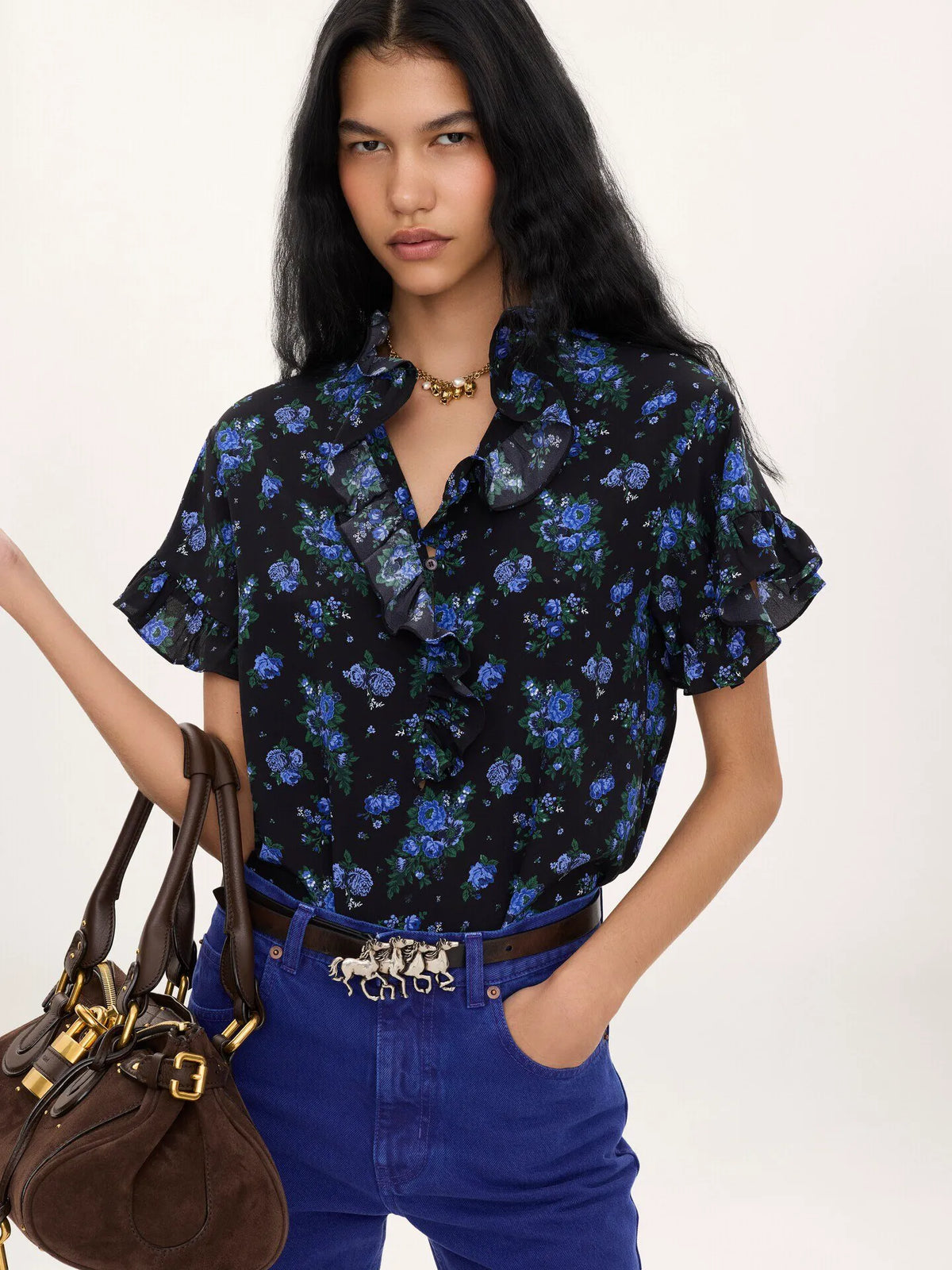 Short-sleeve ruffled top in crêpe de chine
