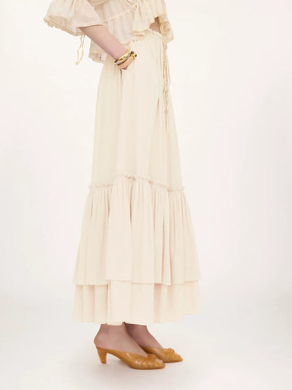 Ruffled long skirt in silk mousseline