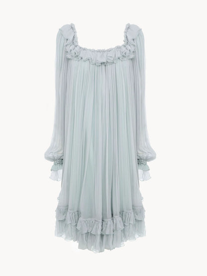 Gathered mini dress in silk mousseline