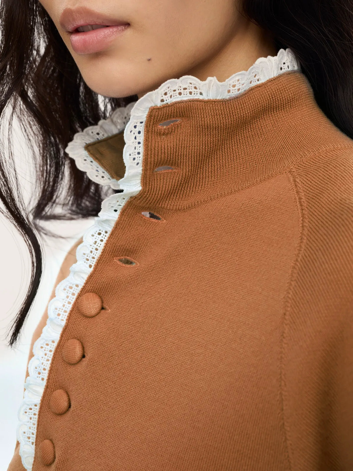 High-neck sweater in a wool knit & lace