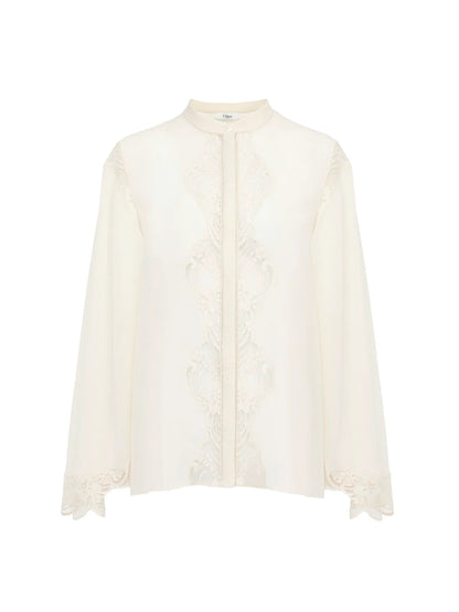 Fluid blouse in silk georgette & lace