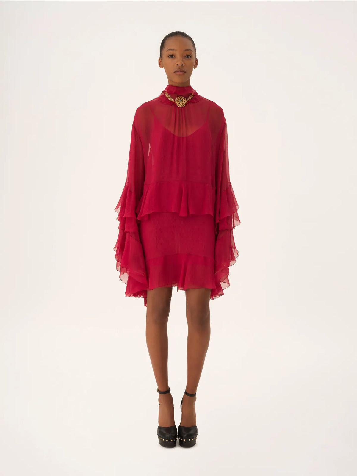 Ruffled mini dress in silk mousseline