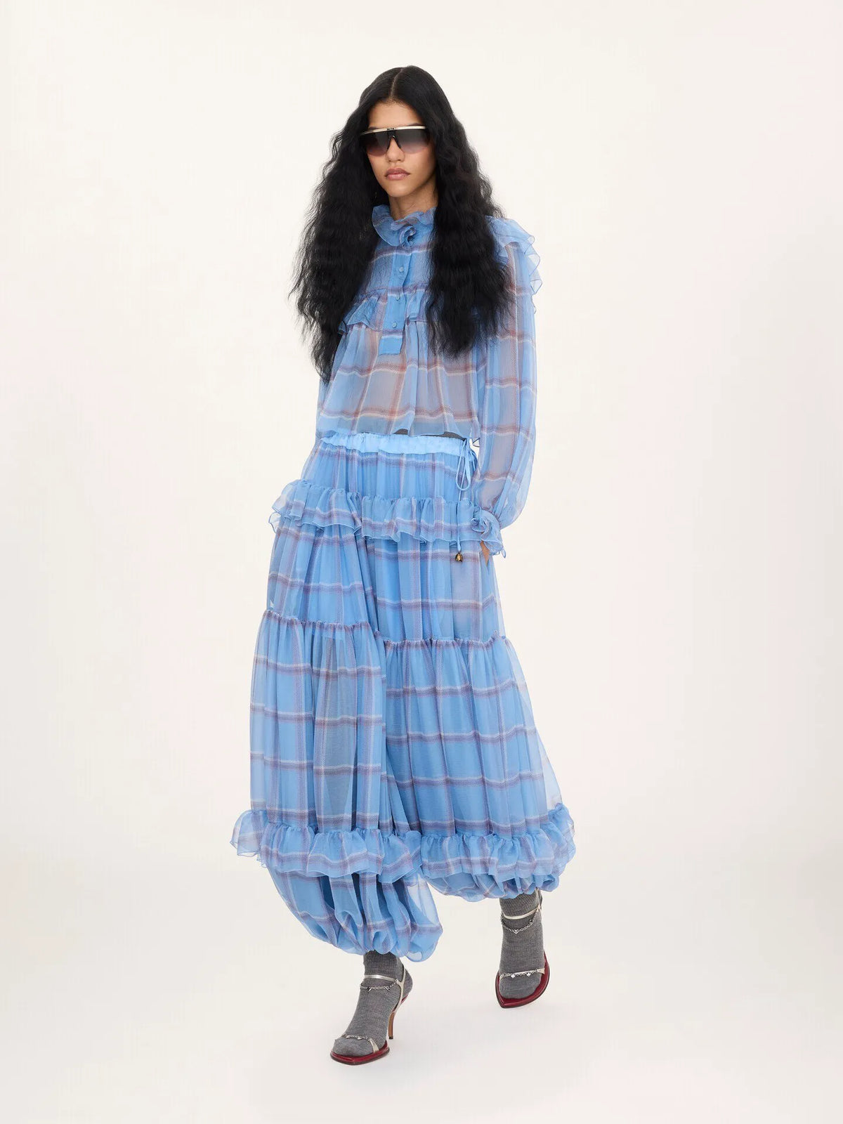 Fluid pleated pants in check silk mousseline