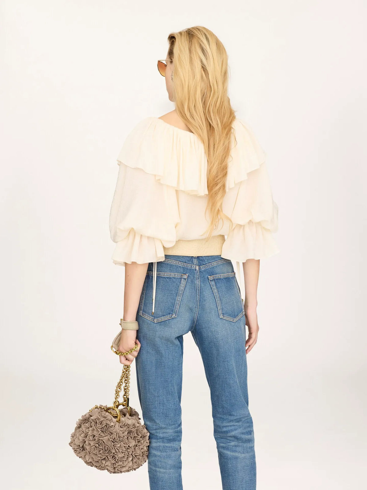 Fluid ruffle top in silk jacquard