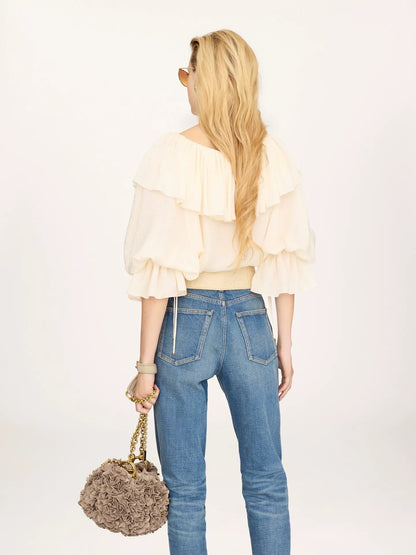 Fluid ruffle top in silk jacquard