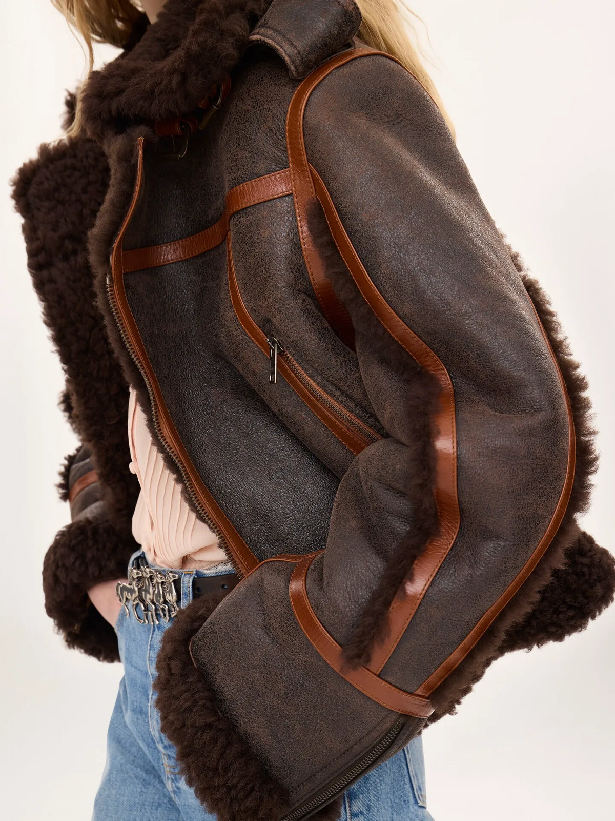 High-neck jacket in shearling
