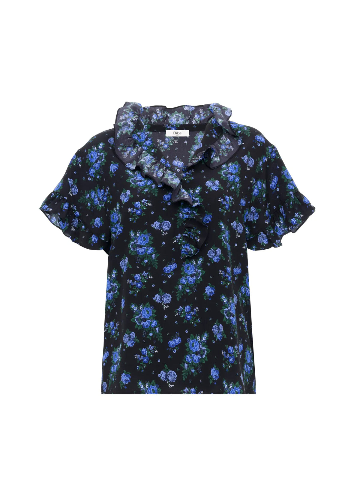 Short-sleeve ruffled top in crêpe de chine
