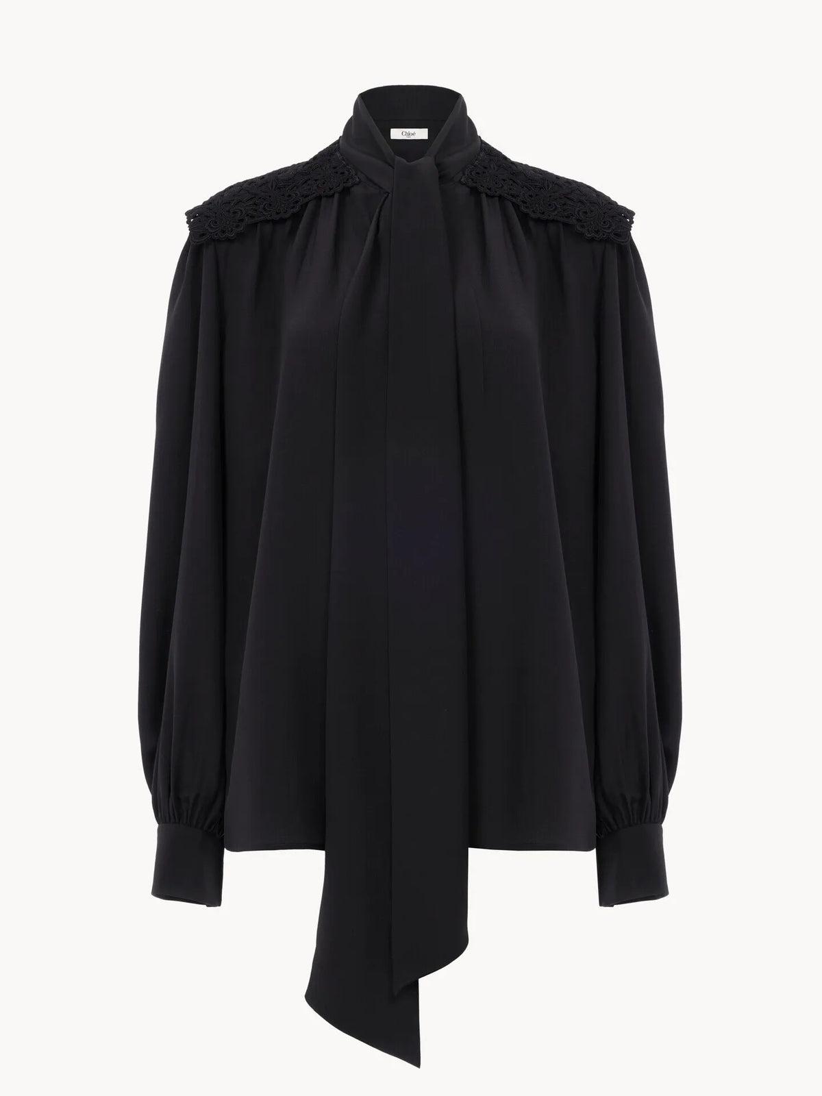 Gathered scarf-tie blouse in crêpe de chine & lace