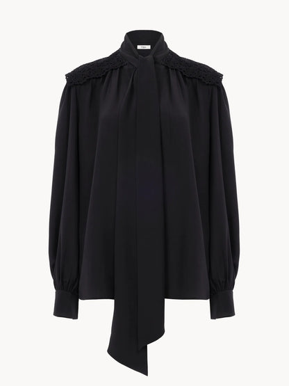 Gathered scarf-tie blouse in crêpe de chine & lace