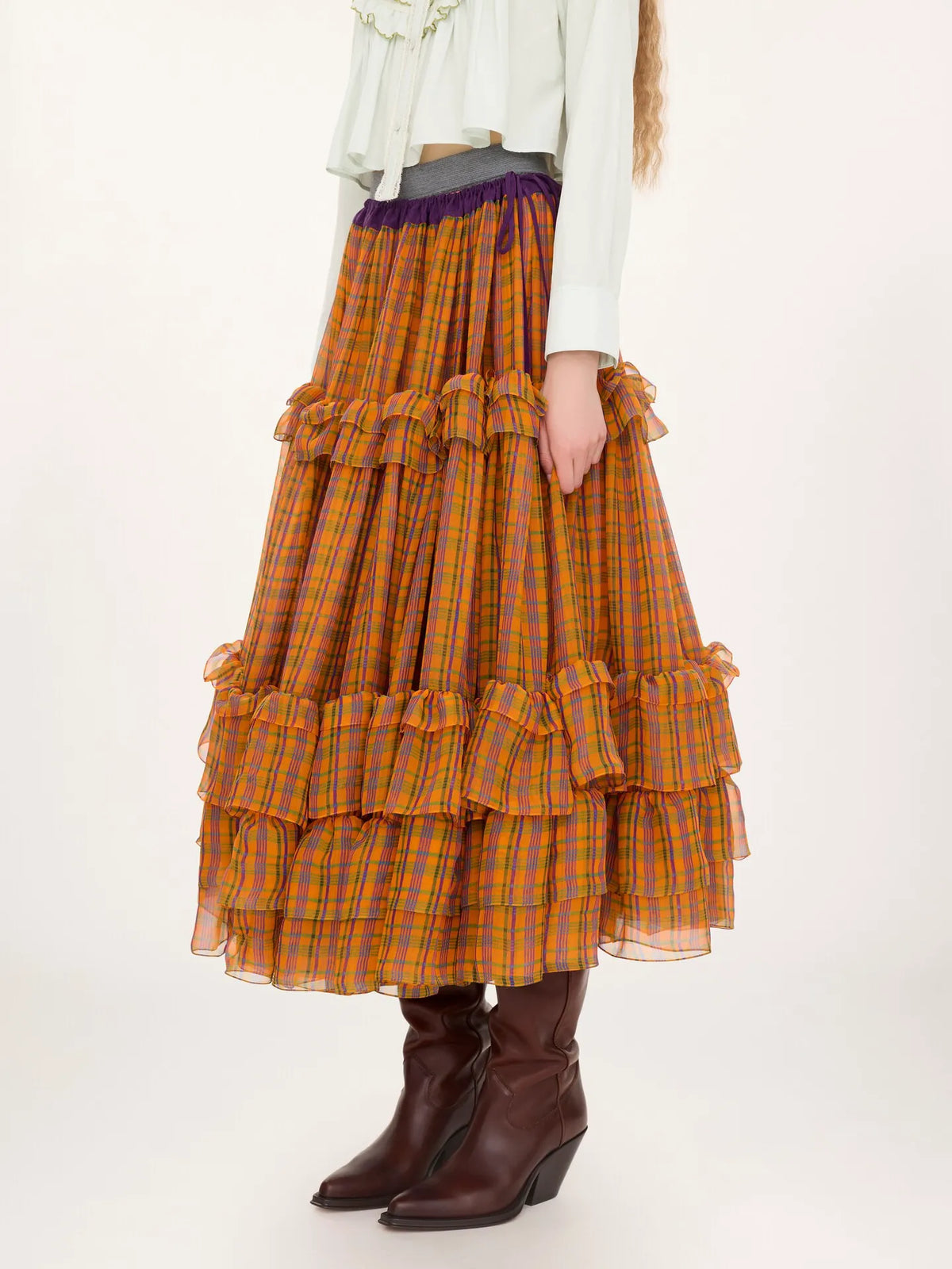 Ruffled long skirt in check silk mousseline