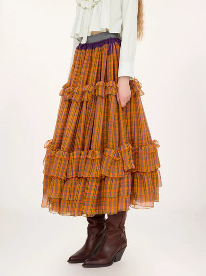 Ruffled long skirt in check silk mousseline