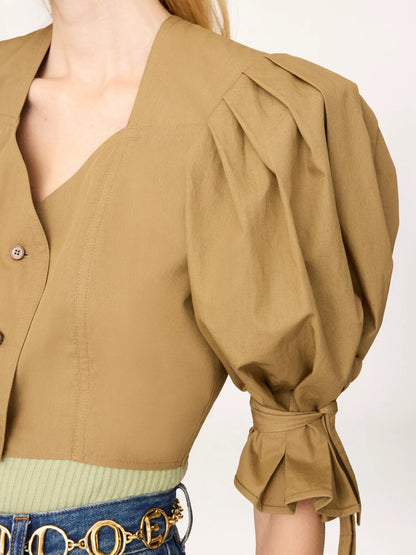 Puff-sleeve cropped top in cotton poplin