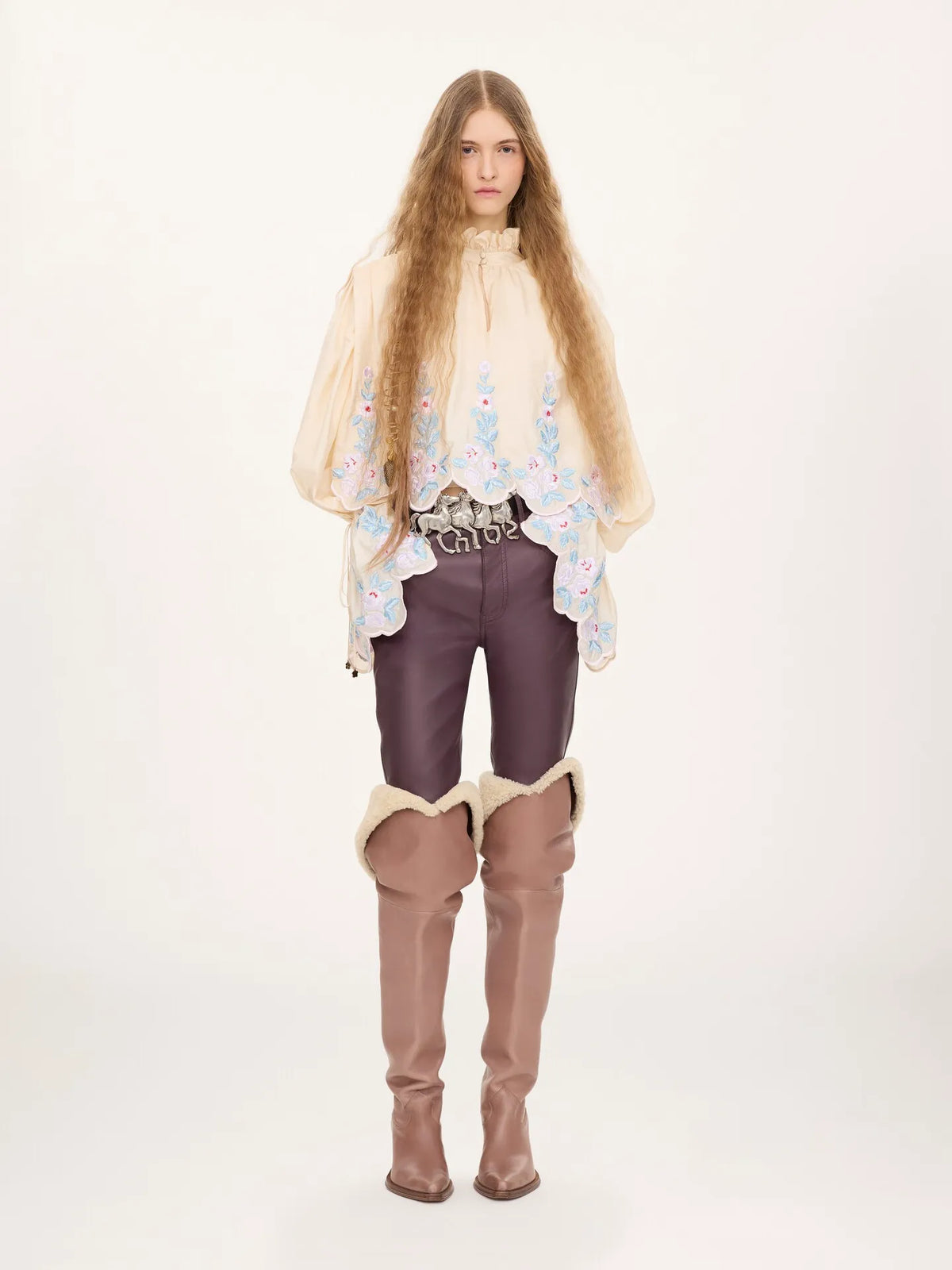 High-neck puff-sleeve top in technical taffeta