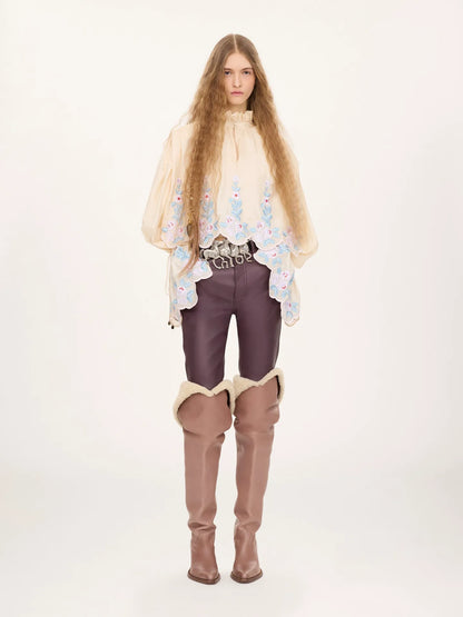 High-neck puff-sleeve top in technical taffeta
