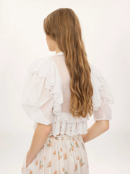 Cropped V-neck ruffle top in cotton voile